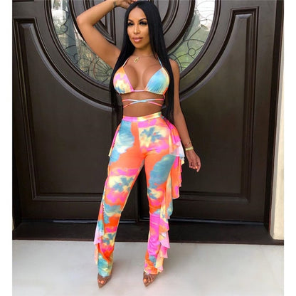 Multicolor Transparent Mesh Design Bikini Pants Set