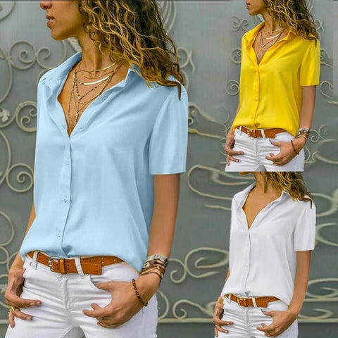 Work Wear Solid Short Sleeve Chiffon Blouse