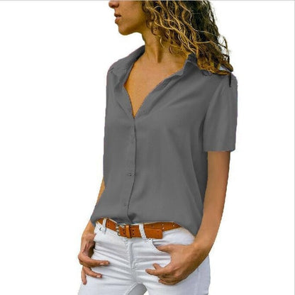 Work Wear Solid Short Sleeve Chiffon Blouse