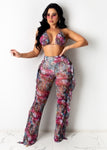 Multicolor Transparent Mesh Design Bikini Pants Set