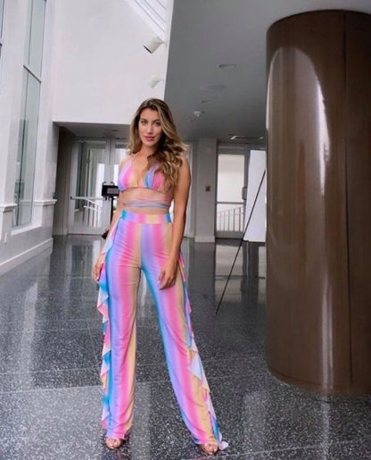 Multicolor Transparent Mesh Design Bikini Pants Set