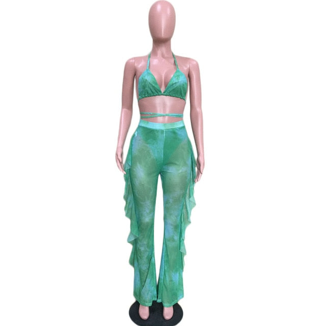 Multicolor Transparent Mesh Design Bikini Pants Set