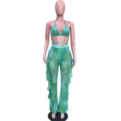 Multicolor Transparent Mesh Design Bikini Pants Set