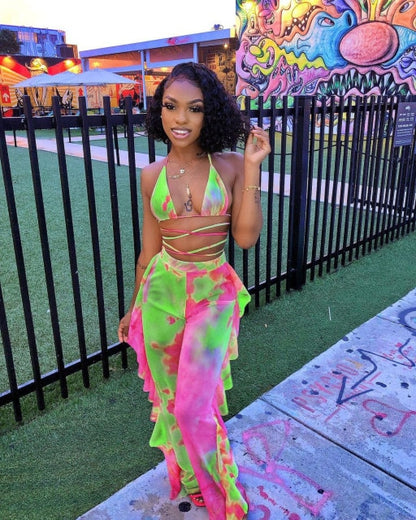 Multicolor Transparent Mesh Design Bikini Pants Set