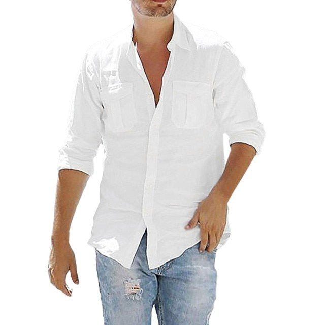 Solid Color Linen Pocket Long Sleeve Shirt