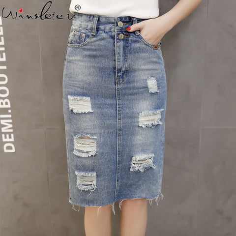 Denim Ripped Jean High Waste Skirt