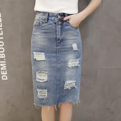 Denim Ripped Jean High Waste Skirt