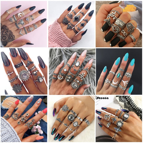 Boho Finger Jewelry Crown Geometric Rhinestone Leaf Women Ring Set - Hollow Stacking Finger Rings Vintage Silver Color